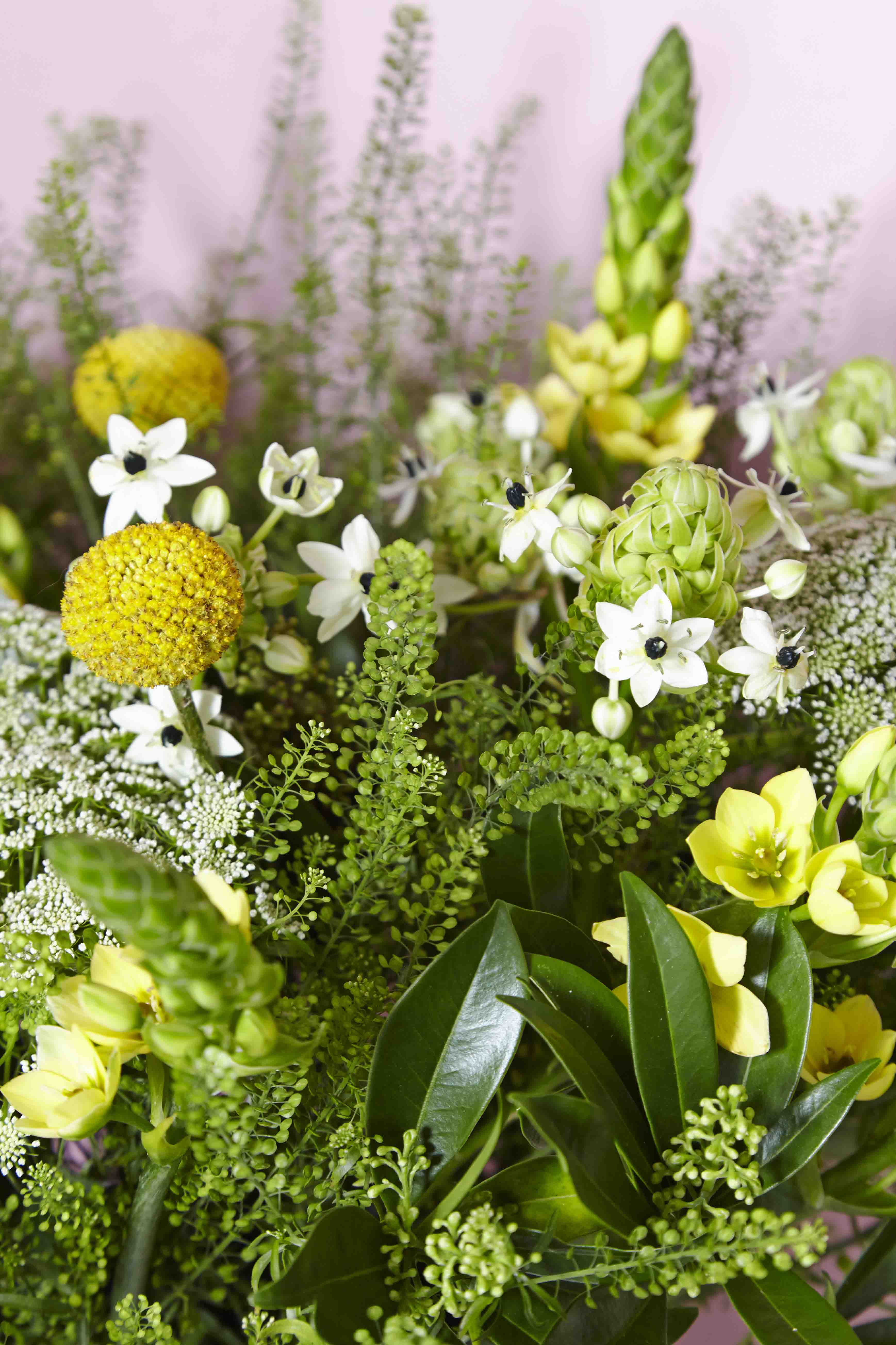 Close up of yellow and green flower bouquet.